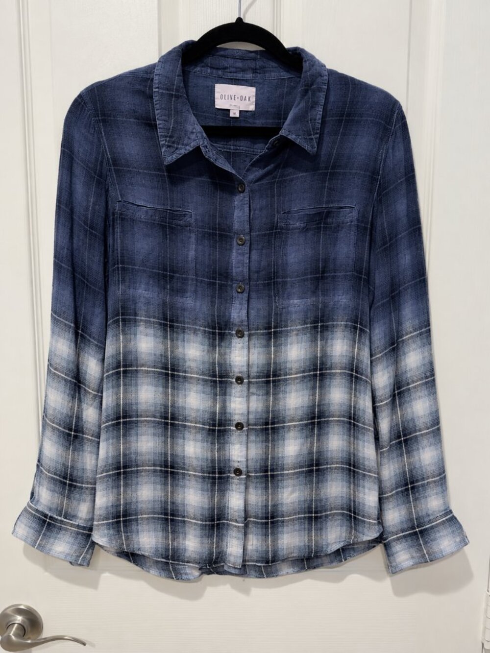 Olive + Oak Blue Ombre Plaid Button Up Shirt Women’s M Grunge Coastal